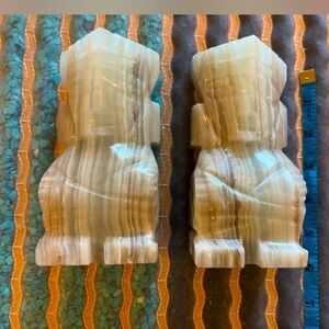 Vintage Carved Onyx Stone Bookends • Sculptural Banded Onyx Art Deco / MCM Decor